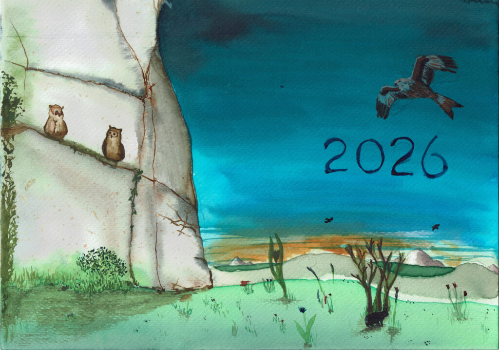 omslag agenda 2026 met een afbeelding van uilen op een rots, een vliegende rode wouw en 2026 op de voorkant